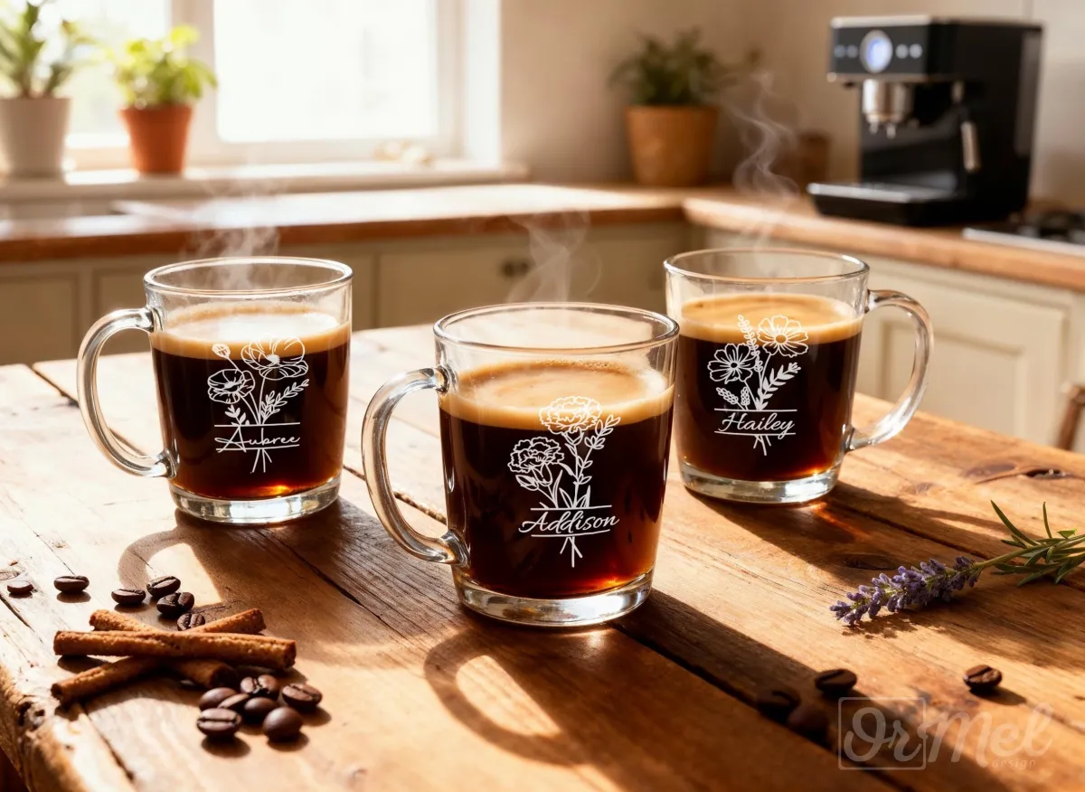 Personalized Clear Glass Mug, Laser Engraved Birth Flower Coffee Mug, Custom Name Coffee Cup, Custom Logo Clear Mug, Personalized Tea Mug