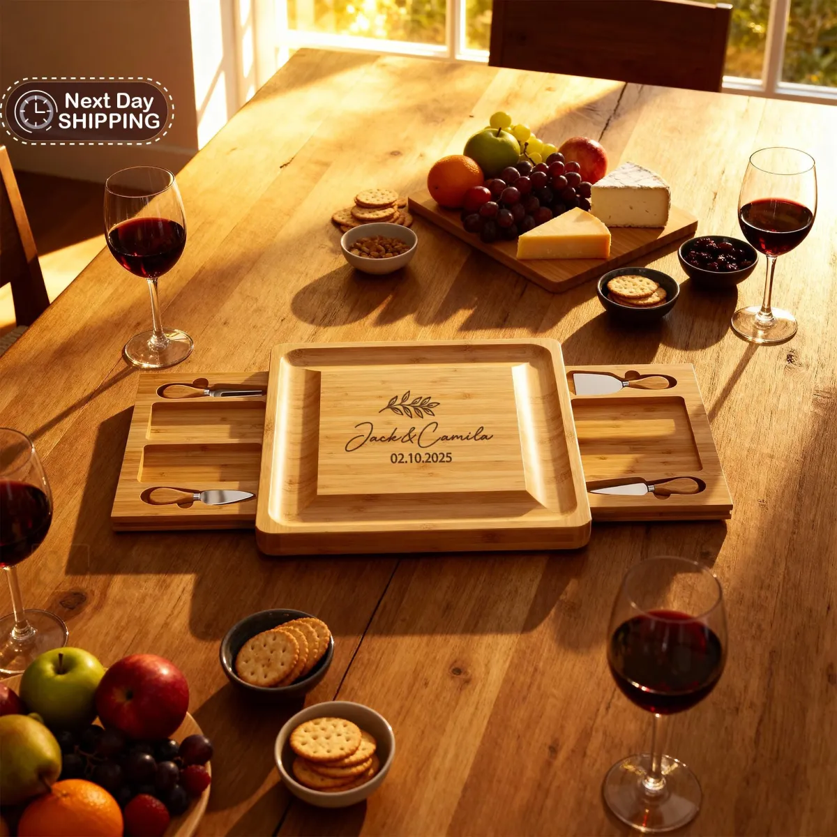 Personalized Bamboo Charcuterie Board Set, Custom Engraved Cheese & Meat Board, Serving Tray with Cheese Knives, Custom Kitchen Coaster Set