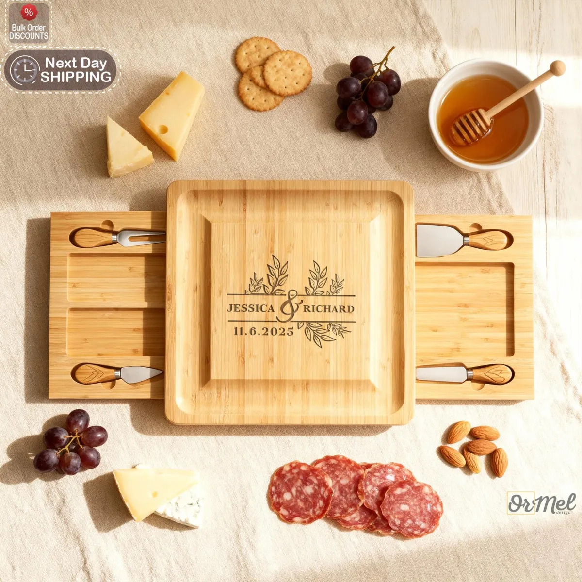 Personalized Wooden Charcuterie Board Set, Custom Engraved Cheese & Meat Board, Housewarming Gift Board, Serving Tray with Cheese knives