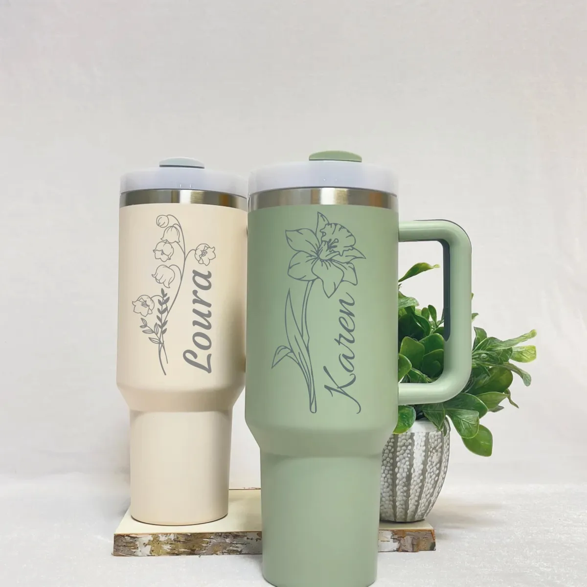 Personalized 40 Oz Tumblers with Names and Flowers, Custom Stainless Steel Tumbler with Handle and Straw