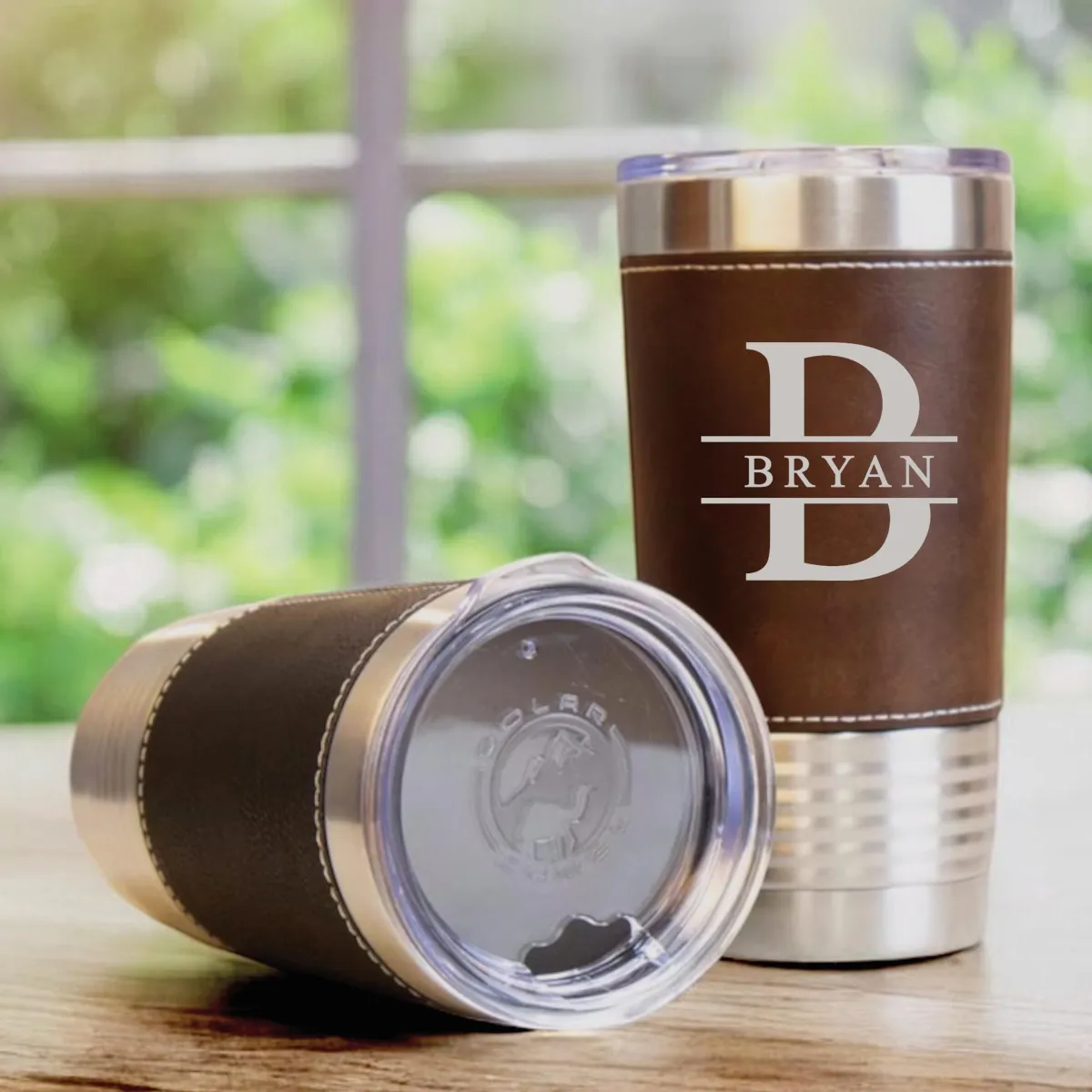 Personalized 20oz Leather Tumbler with Name and Logo, Personalized Stainless Steel Insulated Travel Mug Included Engraving
