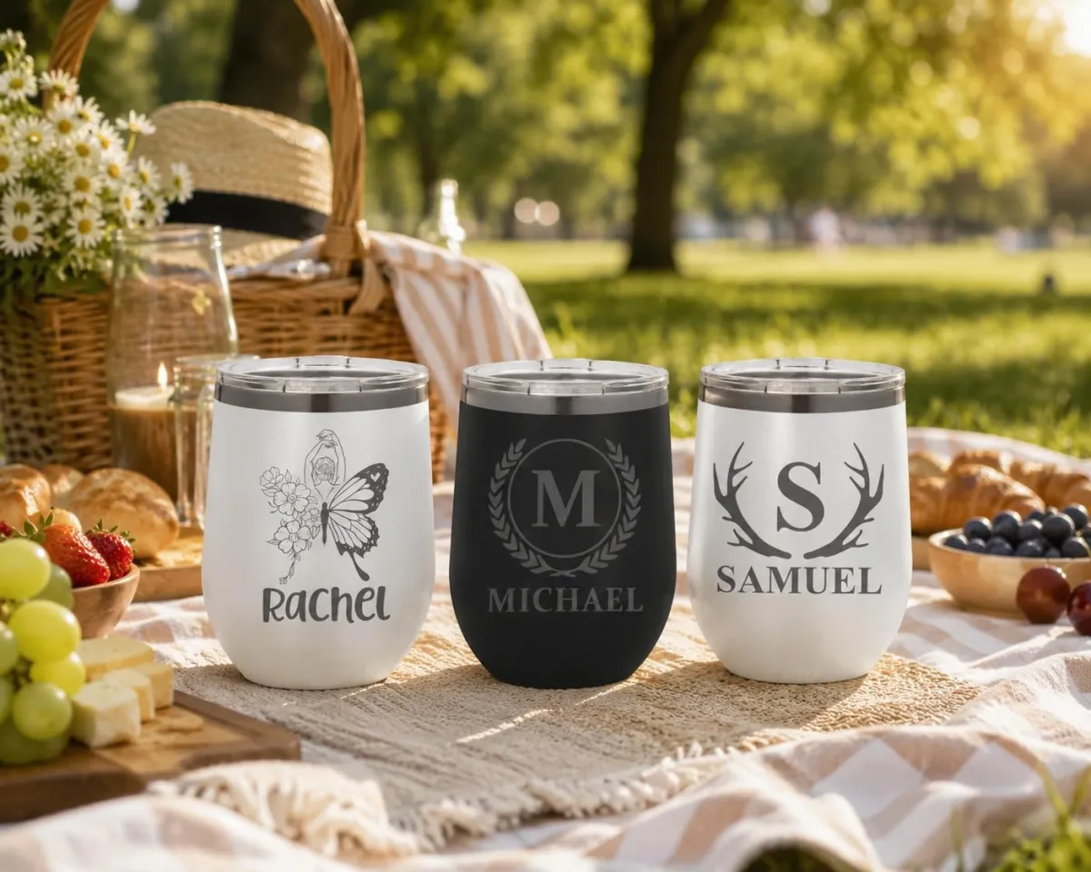 Personalized 12 oz Insulated Stemless Wine Tumbler with Lid, Laser Engraved Stainless Steel Custom Wine Tumbler Travel Mug with Name
