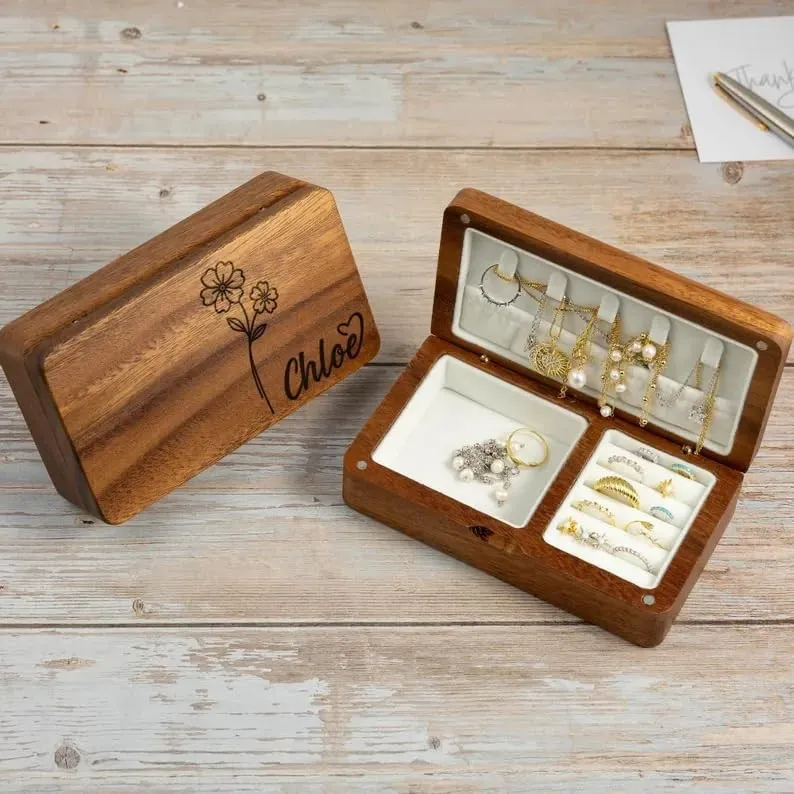 Custom Wooden Jewelry Box Personalized with Name & Birth Flower – Travel Jewelry Organizer Case for Women – Bridesmaid, Mom
