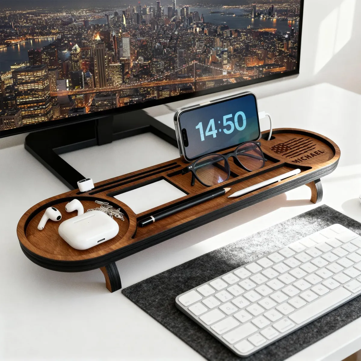 Personalized Wood Desk Organizer, Custom Phone & Tablet Stand, Engraved Wood Office Accessory, Custom Docking Station, Custom Organizer Gift