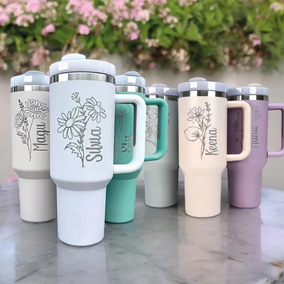 Personalized 40 Oz Tumblers Birth Flowers with Names, Custom Stainless Steel 40 Oz Tumbler with Handle and Straw
