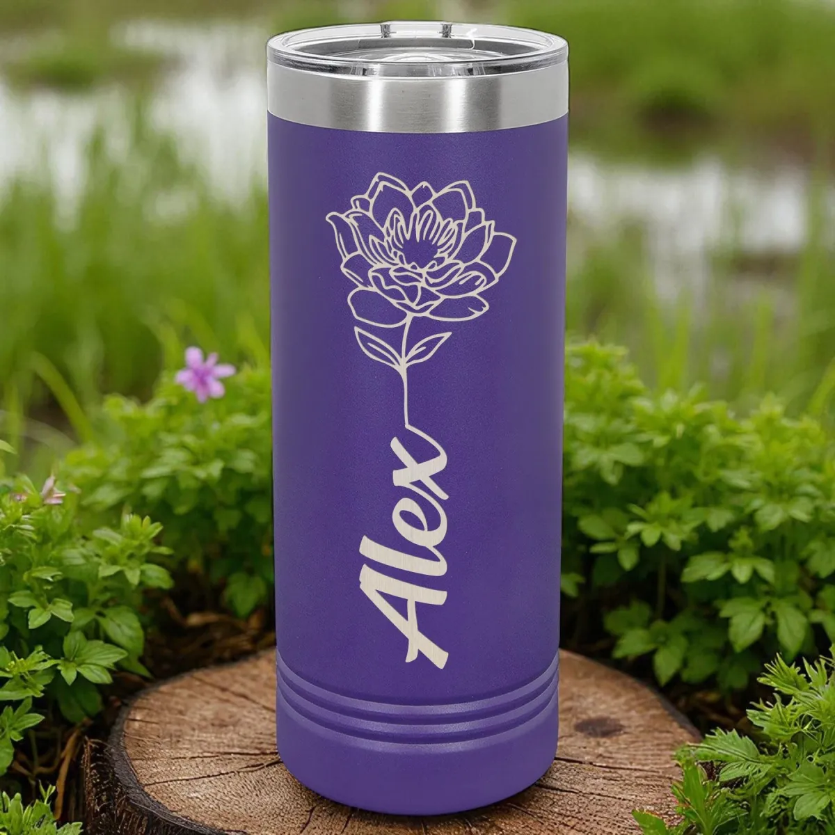 Personalized 22 Oz Skinny Tumblers with Name and Flowers, Custom Stainless Steel Skinny Tumbler with Lid, Gift for Her