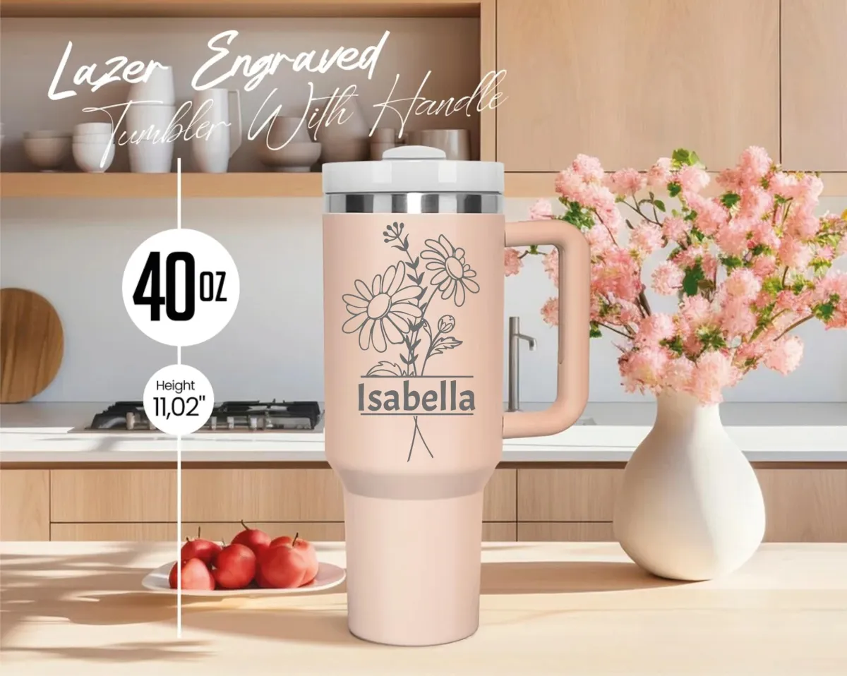 Personalized 40 oz Stainless Steel Tumbler with Handle | Custom Engraved Name | Vacuum Insulated Travel & Everyday Mug