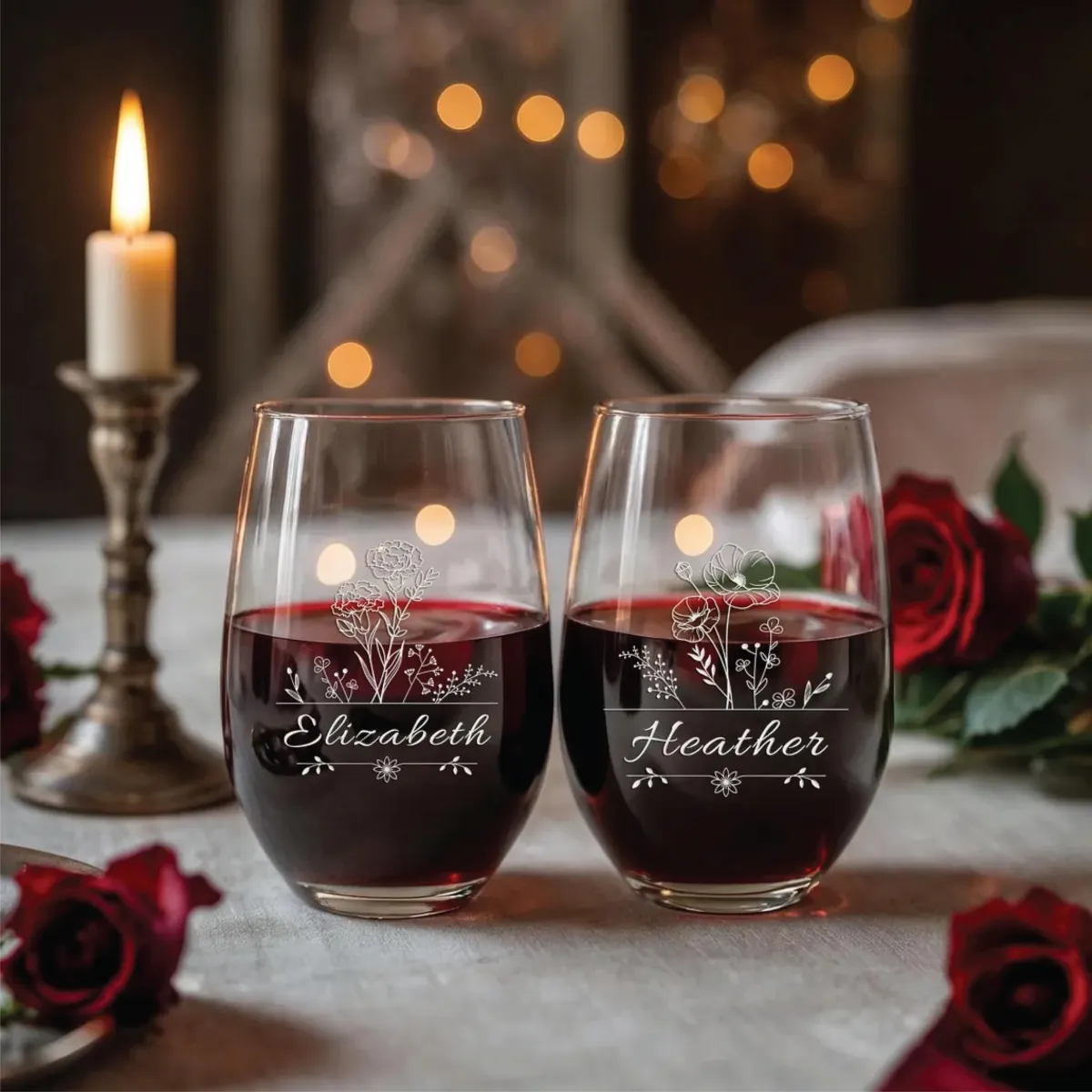 Personalized Birth Flower Stemless Wine Glass, Custom Engraved Floral Wine Glass with Name, Gift for Mom, Bridesmaids, Birthday or Christmas