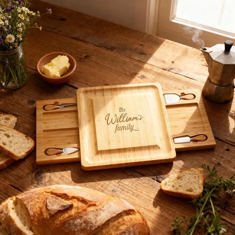 Personalized Charcuterie Board Set with Drawers, Engraved Bamboo Cheese Board Gift for Wedding, Housewarming & Holidays, Mothers Day Gift