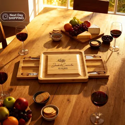 Personalized Bamboo Charcuterie Board Set, Custom Engraved Cheese & Meat Board, Serving Tray with Cheese Knives, Custom Kitchen Coaster Set