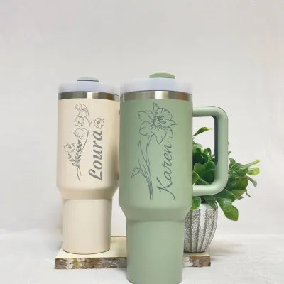 Personalized 40 Oz Tumblers with Names and Flowers, Custom Stainless Steel Tumbler with Handle and Straw