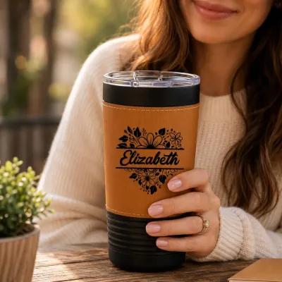 Personalized 20oz Leather Tumbler with Name and Logo, Customize Stainless Steel Insulated Travel Mug Included Engraving