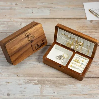 Custom Wooden Jewelry Box Personalized with Name & Birth Flower – Travel Jewelry Organizer Case for Women – Bridesmaid, Mom