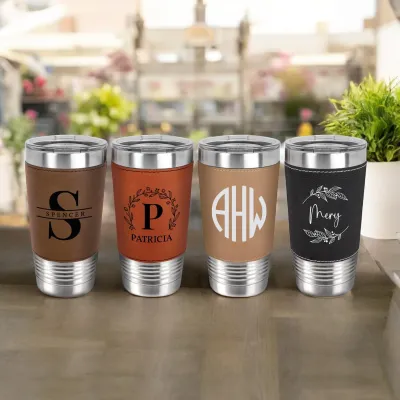 Personalized 20oz Leather Tumbler with Name and Logo, Personalized Stainless Steel Insulated Travel Mug Included Engraving