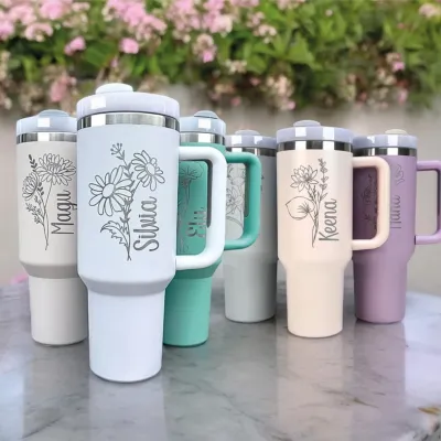 Personalized 40 Oz Tumblers Birth Flowers with Names, Custom Stainless Steel 40 Oz Tumbler with Handle and Straw