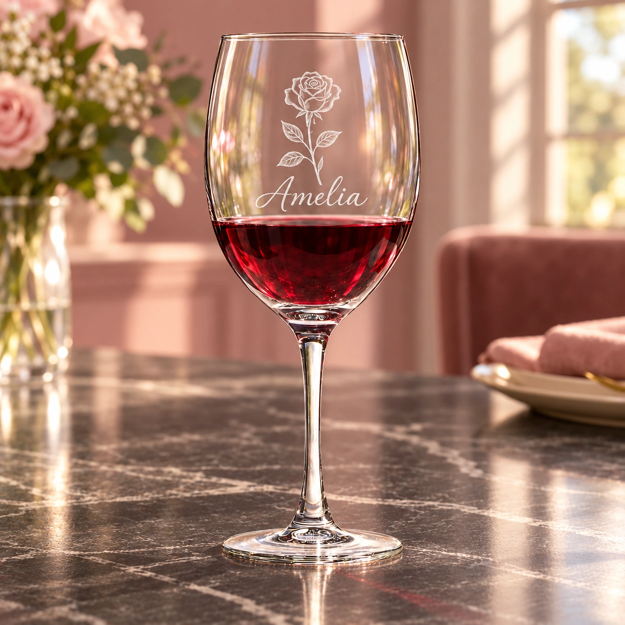 Personalized Birth Flower Wine Glass with Stem, Custom Engraved Floral Wine…